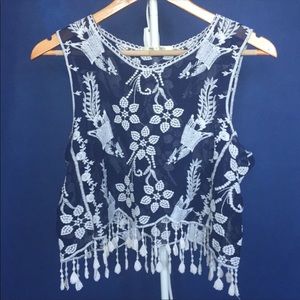 May & July Embroidered, Tassel Crop Top